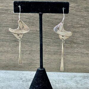 Artist Signed 925 Sterling Silver Abstract Free Form Drop Pierced Earrings 2.75"